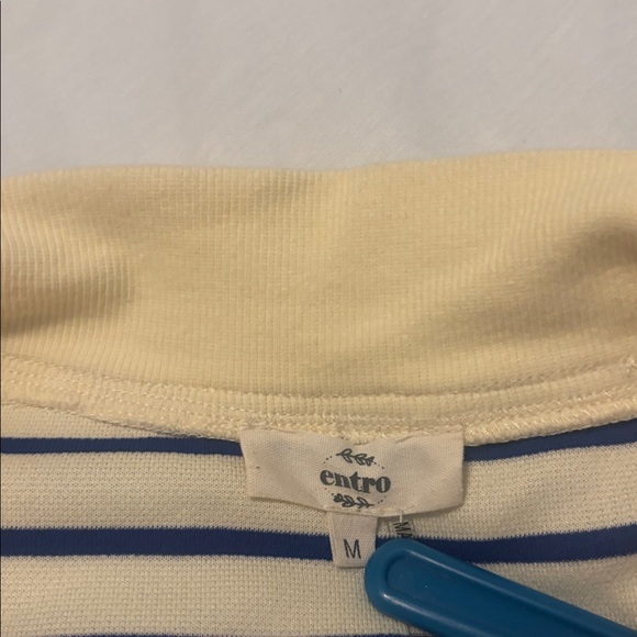 Entro Cream and Blue Striped Mini Dress SZ M 100% Cotton cap sleeve casual vacay - Picture 4 of 12